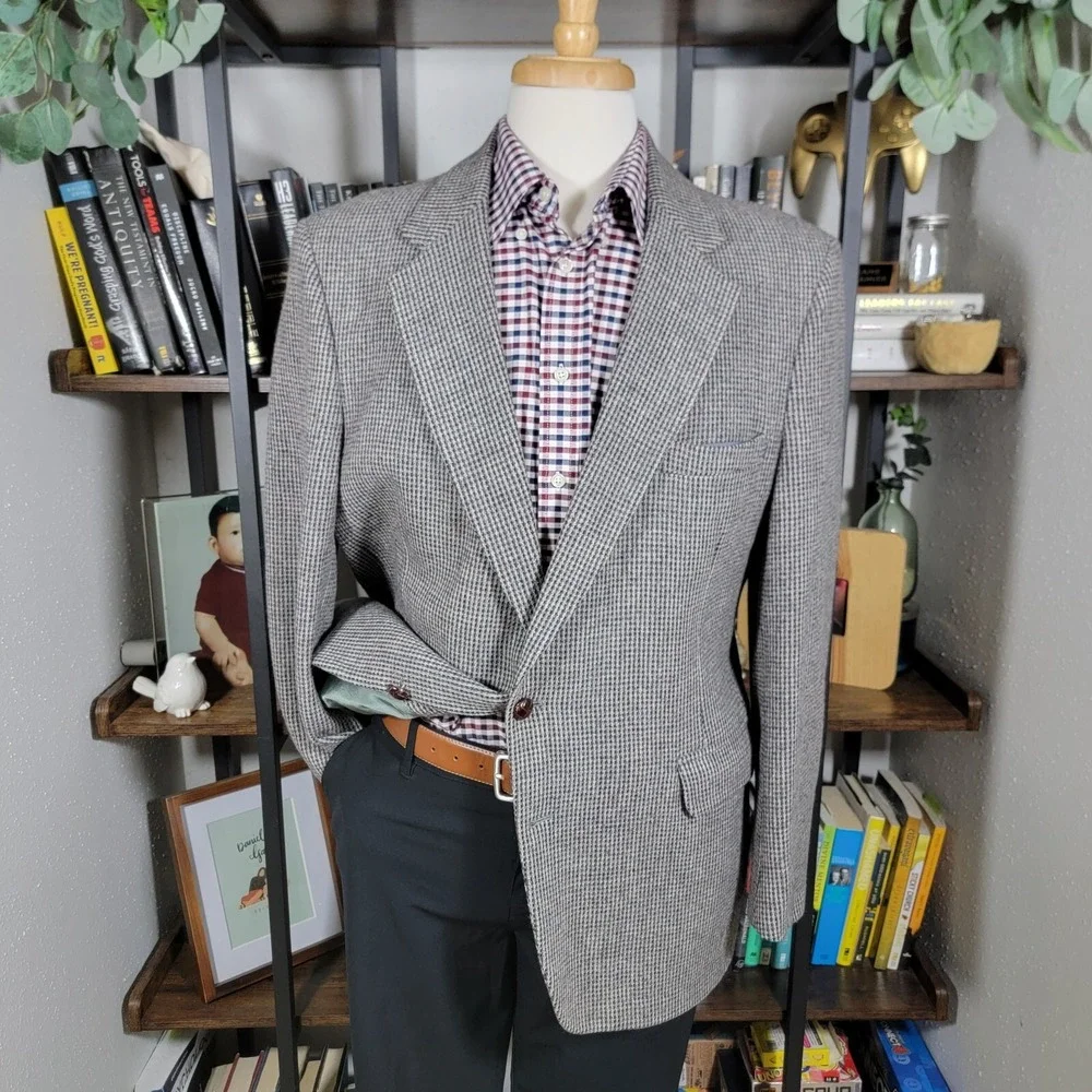 VTG Stafford Men's Tweed Blazer Jacket Two Button Gray Pure Wool Size 46R